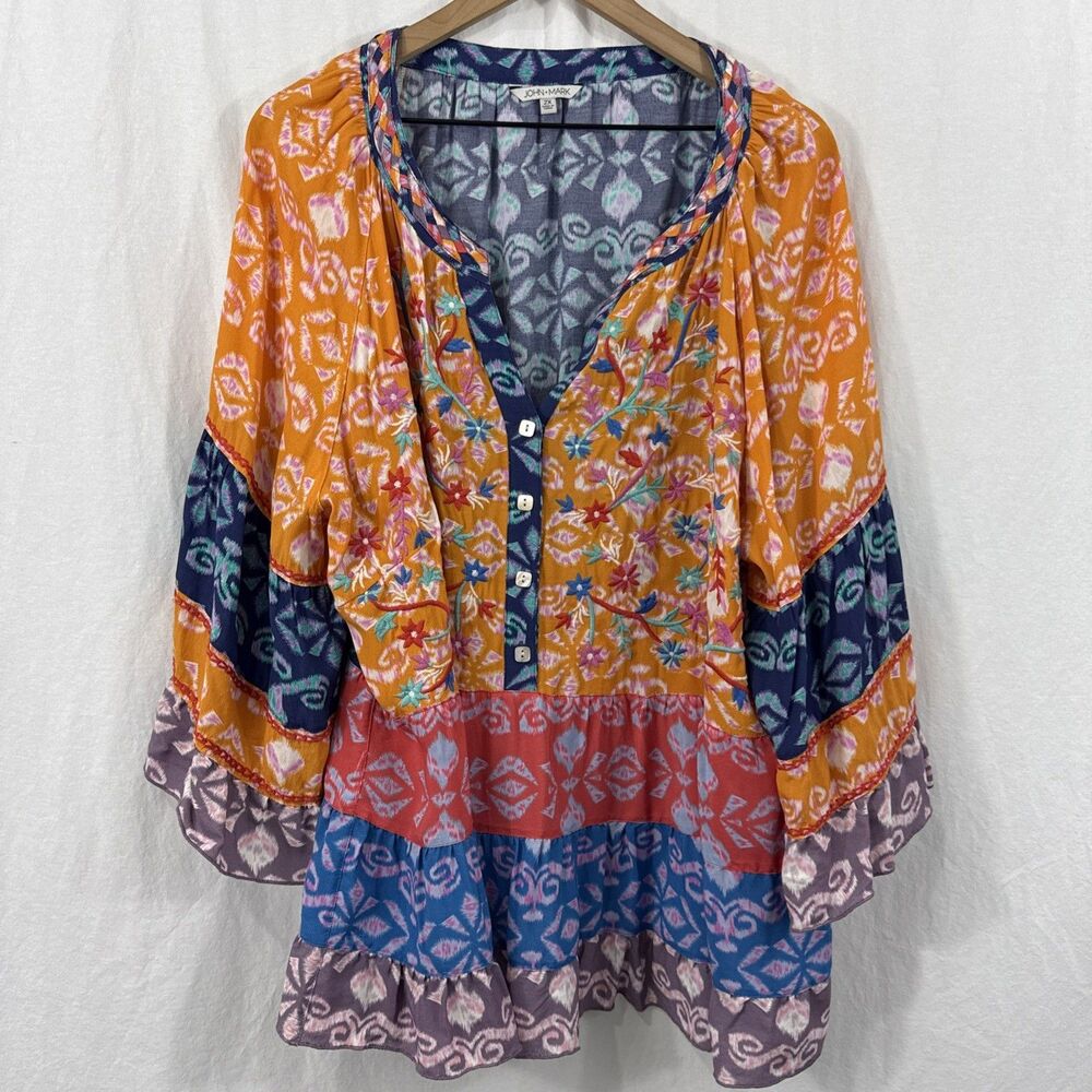 John Mark Colorful Tiered Embroidered Floral Patchwork Boho Top Womens Sz 2X